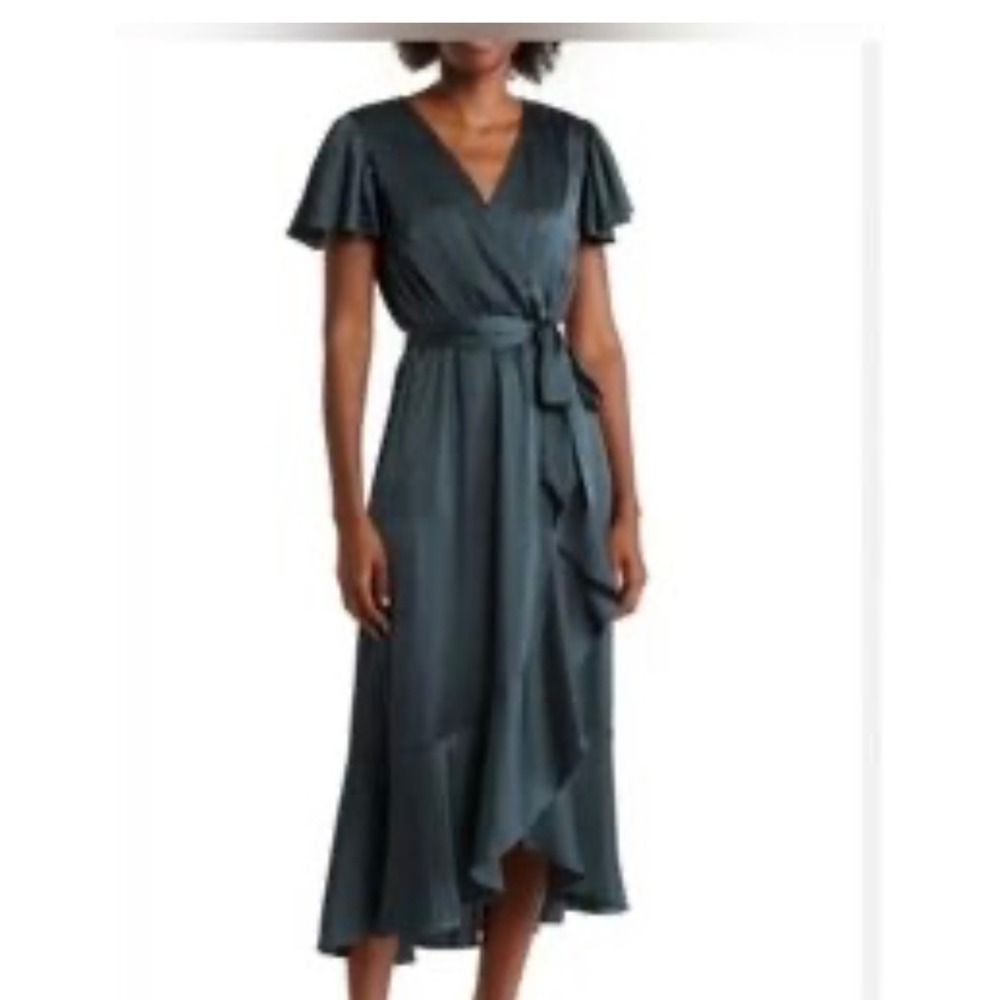 NWT Nicole Miller NY Teal Satin Wrap Midi Dress Flutter Sleeve Ruffle Hem XL